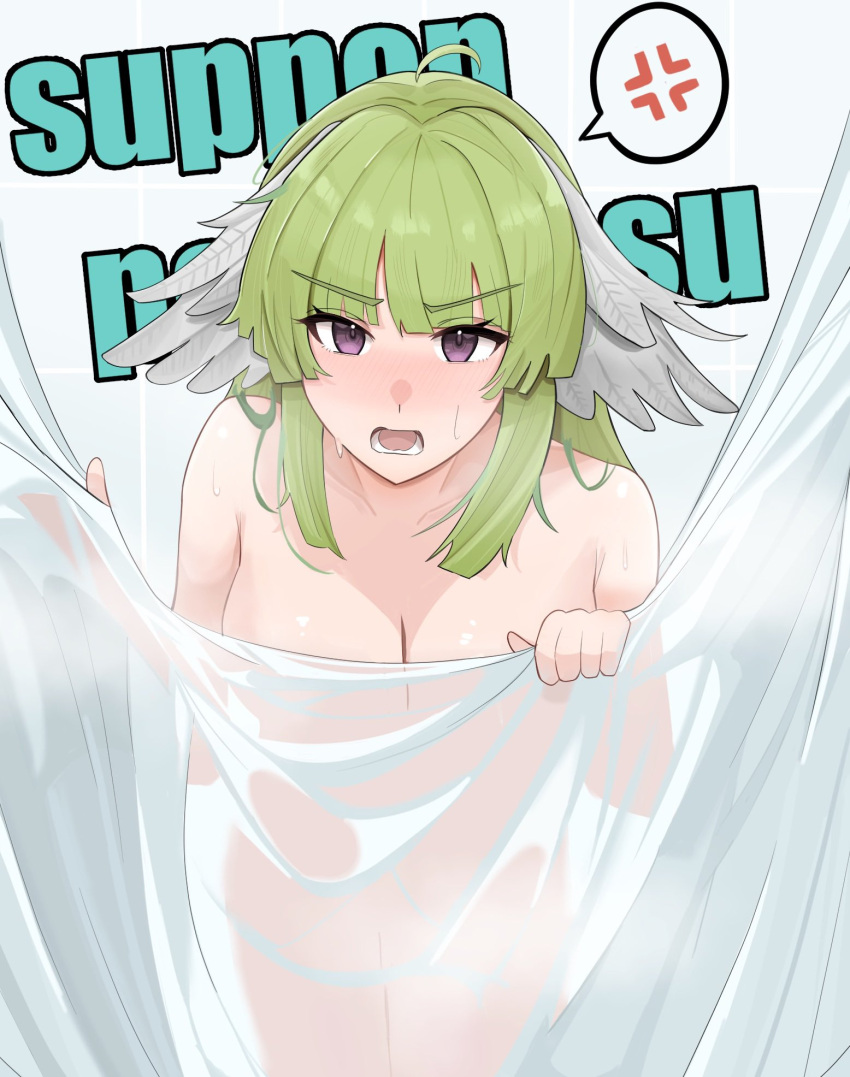 1girl ahoge anger_vein arknights bird_girl blush breasts cleavage commentary completely_nude cowboy_shot feather_hair feathers glaring highres large_breasts leaning_forward looking_at_viewer medium_hair nude open_mouth poncirus_(arknights) purple_eyes romaji_text scowl see-through shower_(place) shower_curtain sidelocks solo spoken_anger_vein standing tenten_(1010haka) tile_wall tiles translated v-shaped_eyebrows wet white_feathers