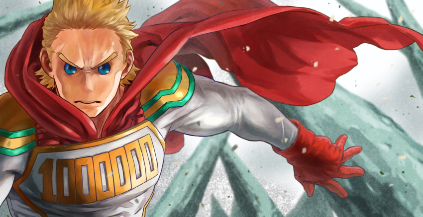 1boy blonde_hair blue_eyes bodysuit boku_no_hero_academia frown highres looking_at_viewer male_focus pac-man_eyes serious short_hair solo spiked_hair spreading_cape togata_mirio toned toned_male upper_body white_bodysuit wind yomoyama_yotabanashi