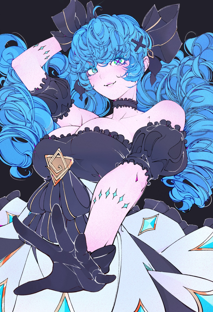 1girl arm_up black_choker blue_eyes blue_hair breasts choker dress drill_hair elliemaplefox frilled_choker frills gwen_(league_of_legends) hair_ribbon highres large_breasts league_of_legends long_hair outstretched_hand parted_lips ribbon smile solo symbol-shaped_pupils teeth white_dress x-shaped_pupils