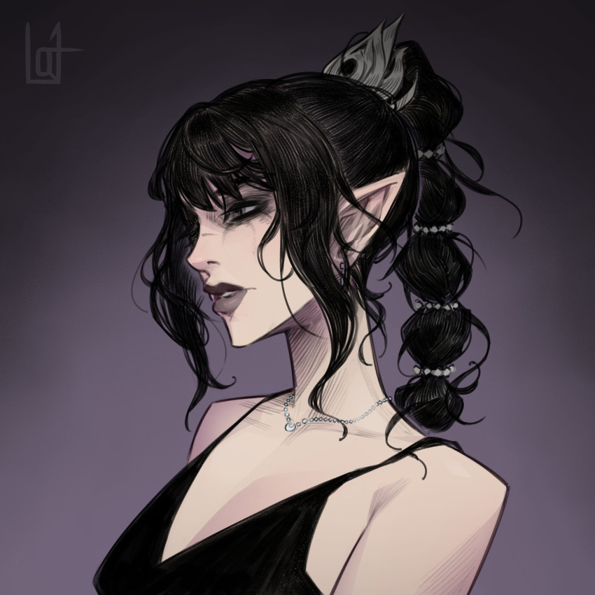 1girl baldur's_gate baldur's_gate_3 dress dungeons_&amp;_dragons elf formal highres jewelry long_braid loqu1t multi-tied_hair necklace pointy_ears scar scar_on_face scar_on_nose shadowheart_(baldur's_gate)