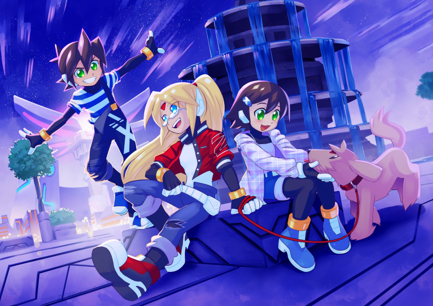 1girl 2boys absurdres aile_(mega_man_zx) alternate_costume alternate_hairstyle android animal_collar black_bodysuit blonde_hair blue_eyes blue_footwear blue_overalls blue_pants blue_shirt blush bodysuit bodysuit_under_clothes brown_hair camisole collar commission cropped_jacket denim denim_shorts dog drawloverlala facial_mark forehead_mark fountain girouette_(mega_man) glasses green_eyes hair_ornament high_ponytail highres jacket jeans long_hair mega_man_(series) mega_man_zx multiple_boys open_clothes open_jacket open_mouth outdoors outstretched_arms overalls pants petting red_collar red_footwear red_jacket robot_ears shirt shoes short_hair shorts smile smirk spaghetti_strap spiked_hair spread_arms striped_clothes striped_shirt tongue tree vent_(mega_man) water white_camisole white_shirt