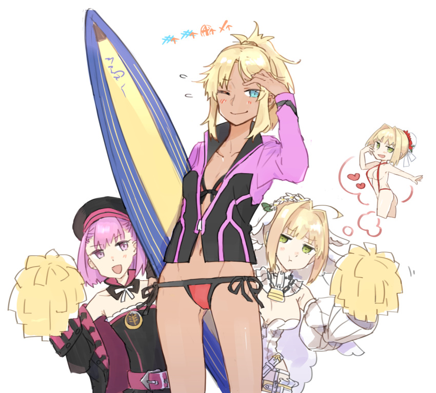 3girls aqua_eyes belt bikini black_dress black_hat blonde_hair blush breasts detached_sleeves dress fate/grand_order fate_(series) flying_sweatdrops green_eyes hair_intakes helena_blavatsky_(fate) highres holding holding_pom_poms imagining jacket large_breasts long_sleeves looking_at_another looking_at_viewer mordred_(fate) mordred_(swimsuit_rider)_(fate) mordred_(swimsuit_rider)_(third_ascension)_(fate) multiple_girls navel nero_claudius_(bride)_(fate) nero_claudius_(bride)_(second_ascension)_(fate) nero_claudius_(fate) one_eye_closed pink_hair pink_jacket pom_pom_(cheerleading) ponytail pout purple_belt red_bikini shironojiro short_hair side-tie_bikini_bottom simple_background surfboard swimsuit tan thought_bubble white_background white_dress