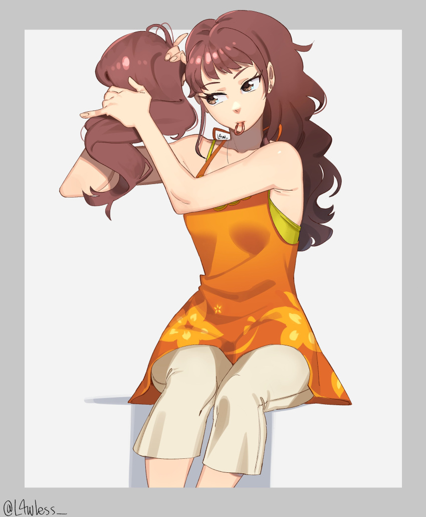 1girl absurdres armpit_crease bare_shoulders brown_eyes brown_hair commission dress feet_out_of_frame hair_tie_in_mouth highres jewelry kujikawa_rise l4wless long_hair mouth_hold necklace orange_dress pants persona persona_4 sitting sleeveless sleeveless_dress solo twitter_username tying_hair