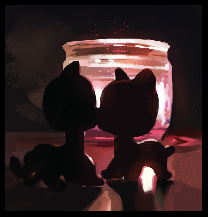 all_fours ambiguous_gender backlighting container detailed_background domestic_cat duo felid feline felis feral feral_on_feral hasbro hi_res jar kiss_on_lips light lighting littlest_pet_shop mammal on_model silhouette snout starpaw0007 tail