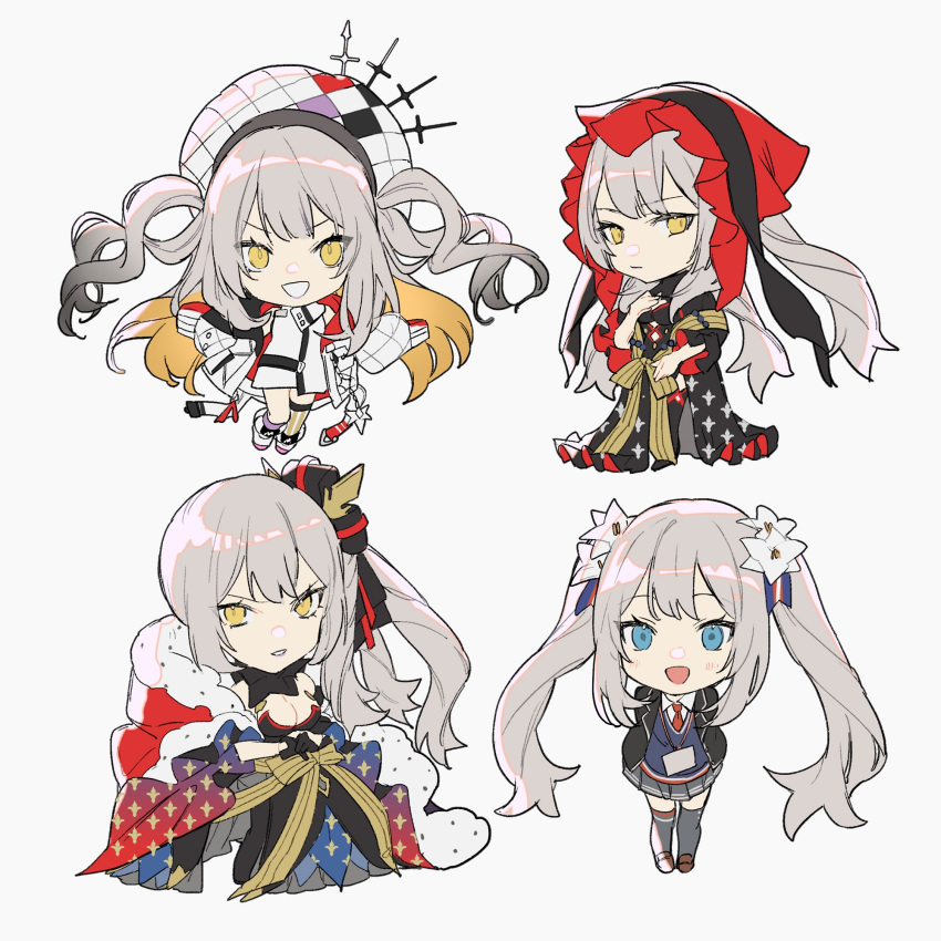 4girls black_jacket blue_eyes chibi fate/grand_order fate_(series) flower grey_hair hair_flower hair_ornament highres id_card jacket locked_arms long_hair marie_antoinette_(alter)_(fate) marie_antoinette_(alter)_(first_ascension)_(fate) marie_antoinette_(alter)_(third_ascension)_(fate) marie_antoinette_(fate) multiple_girls multiple_persona necktie no-kan pleated_skirt red_necktie school_uniform shirt signature skirt twintails white_background white_shirt yellow_eyes