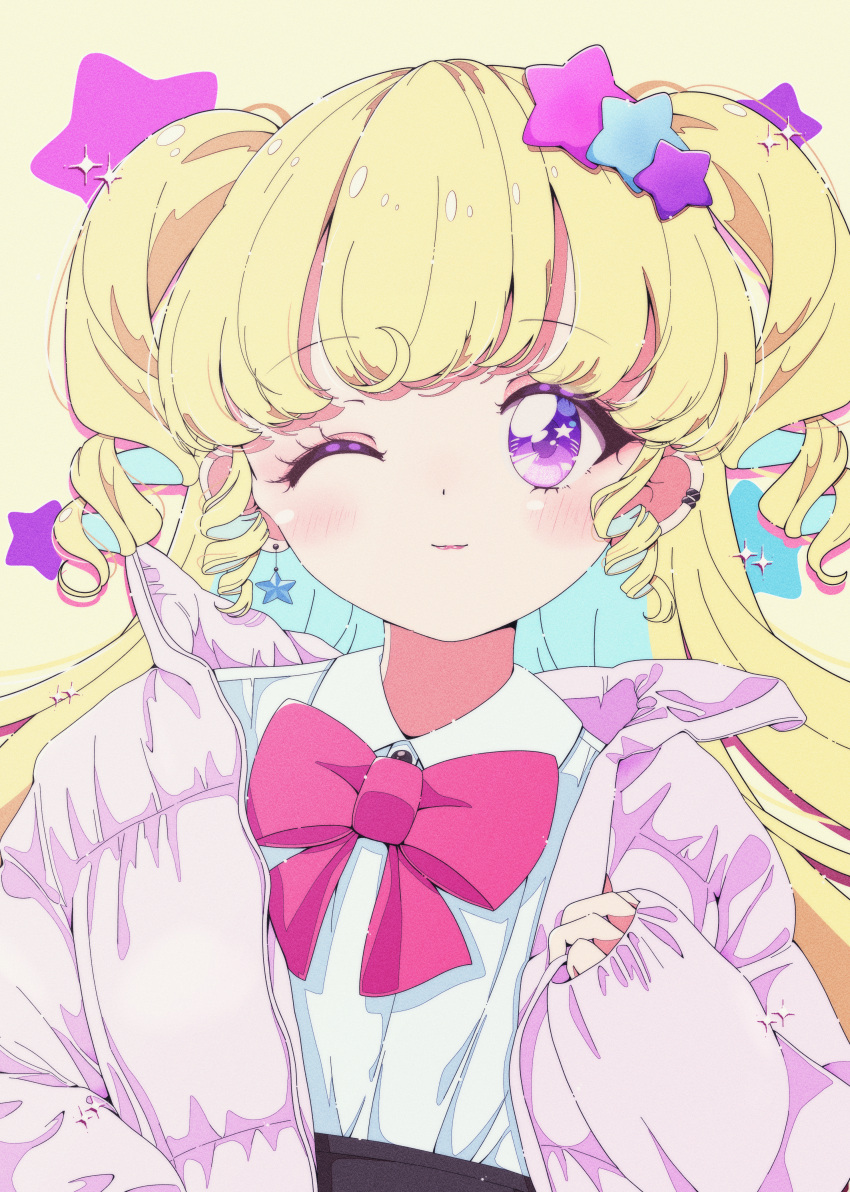 1girl ;) absurdres blonde_hair bow bowtie closed_mouth collared_shirt down_jacket hand_up highres idol_time_pripara jacket ligne_claire long_hair long_sleeves looking_at_viewer milon_cas one_eye_closed pink_jacket pretty_series pripara purple_eyes red_bow red_bowtie retro_artstyle ringlets shirt sleeves_past_wrists smile solo star_(symbol) two_side_up upper_body white_shirt yumekawa_yui