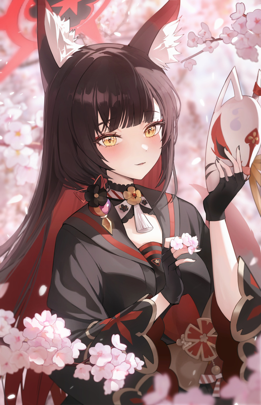 1girl absurdres animal_ear_fluff animal_ears black_gloves black_hair black_kimono blue_archive blush cherry_blossoms colored_inner_hair fingerless_gloves fox_ears fox_mask gloves halo highres holding holding_mask japanese_clothes kimono long_hair looking_at_viewer mask multicolored_hair open_mouth red_hair red_halo solo wakamo_(blue_archive) yellow_eyes zije