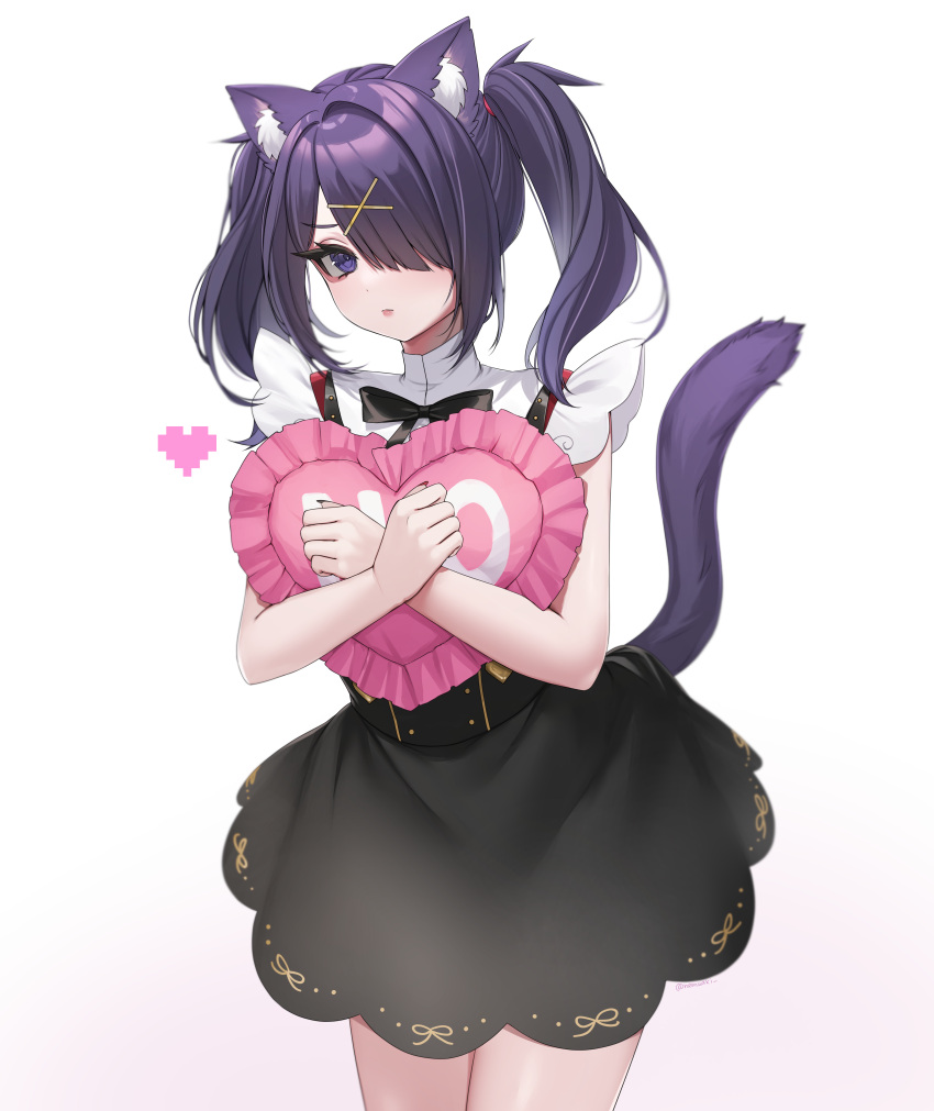 1girl absurdres ame-chan_(needy_girl_overdose) animal_ears black_bow black_bowtie black_skirt bow bowtie cat_ears commentary_request cowboy_shot heart heart-shaped_pillow highres holding holding_pillow miniskirt needy_girl_overdose nemuaki pillow purple_eyes purple_hair shirt simple_background skirt solo standing twintails white_background white_shirt