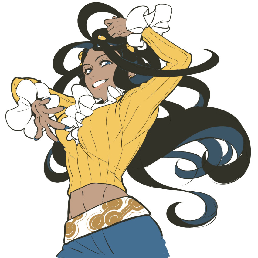 1girl aqua_eyes aqua_nails aqua_pants belt black_hair commentary_request curly_hair dahlia_(pokemon) dark-skinned_female dark_skin earrings eyelashes frilled_shirt frills grin highres jewelry korean_commentary long_hair nail_polish navel pants pokemon pokemon_dppt pokemon_platinum redlhzz shirt simple_background smile solo teeth white_background white_belt yellow_shirt