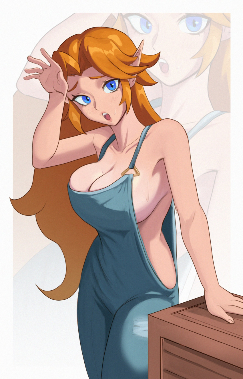 absurd_res big_breasts blue_clothing blue_eyes blue_overalls bodily_fluids breasts breath_of_the_wild cleavage clothed clothing cremia eyelashes female grey_background hair hi_res huge_breasts humanoid humanoid_pointy_ears hylian long_hair looking_at_viewer milkmountain nintendo open_mouth orange_hair overalls side_boob simple_background solo sweat sweatdrop tan_body tan_skin the_legend_of_zelda thick_thighs wide_hips