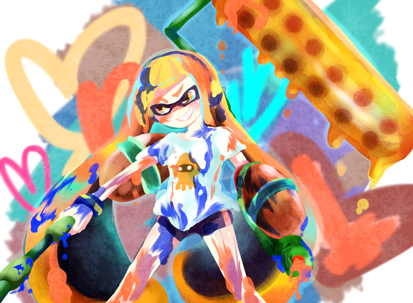 artist_request bad_id bad_pixiv_id bike_shorts domino_mask dual_wielding grin highres holding inkling long_hair mask messy orange_eyes orange_hair paint_roller paint_splatter shirt smile solo splat_roller_(splatoon) splatoon_(series) splatoon_1 splattershot_(splatoon) super_soaker t-shirt tentacle_hair