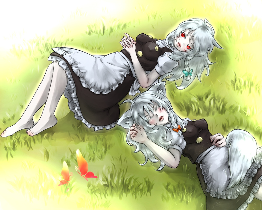 ahoge albino animal_ears apron barefoot breasts bug butterfly commentary_request covered_nipples dog_ears dog_tail dual_persona hand_on_own_stomach insect interlocked_fingers kirisame_marisa knees_up lips looking_at_viewer lying medium_breasts multiple_girls on_back on_grass parted_lips red_eyes sakuya_(sa_ku_yan) short_sleeves skirt skirt_set sleeping tail touhou waist_apron white_hair white_skin