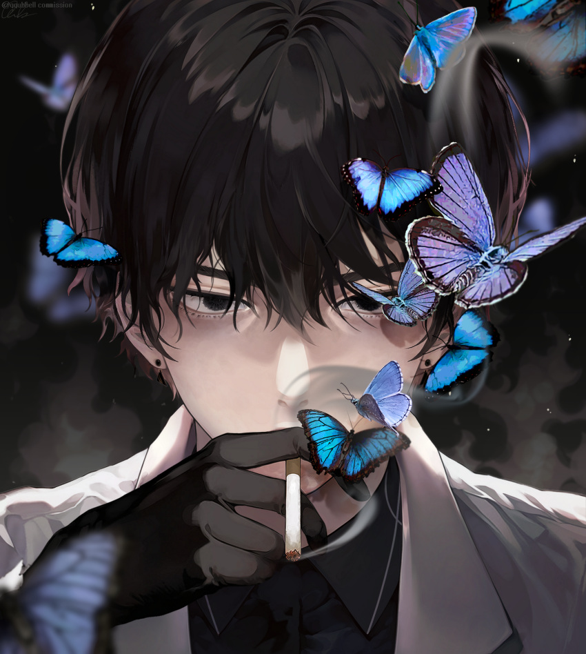 1boy black_eyes black_gloves black_hair blue_butterfly blurry bug butterfly cigarette collared_shirt commission dark_background depth_of_field earrings english_commentary eyelashes gloves grey_jacket hair_between_eyes highres holding holding_cigarette jacket jewelry light_particles looking_at_viewer male_focus original portrait purple_butterfly qqubbell shirt short_hair signature smoke smoking solo