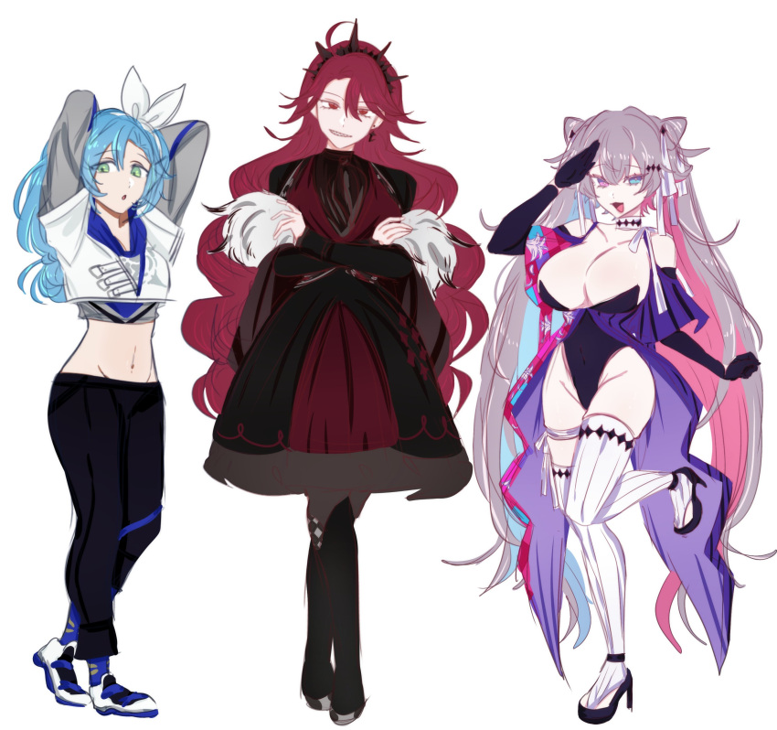 3girls absurdres ahoge alternate_costume alternate_hairstyle animal_ears arms_behind_head arms_up black_gloves blue_eyes blue_hair boots breasts cleavage covered_navel crop_top cropped_hoodie crossed_arms crow_(oraclejester) dress earrings elbow_gloves english_commentary full_body gavis_bettel genderswap genderswap_(mtf) gloves grey_hair hair_between_eyes heterochromia high_heel_boots high_heels highleg highleg_leotard highres holostars holostars_english hood hoodie jewelry jurard_t_rexford knee_boots large_breasts leotard light_blue_hair long_eyelashes long_hair long_sleeves looking_at_viewer medium_hair multicolored_hair multiple_girls navel open_mouth pants pink_eyes pink_hair red_eyes red_hair regis_altare revealing_clothes salute shoes single_earring sketch skindentation smirk sneakers standing standing_on_one_leg striped_clothes striped_thighhighs sweatpants thighhighs twintails vertical-striped_clothes vertical-striped_thighhighs very_long_hair virtual_youtuber wavy_hair white_background white_thighhighs