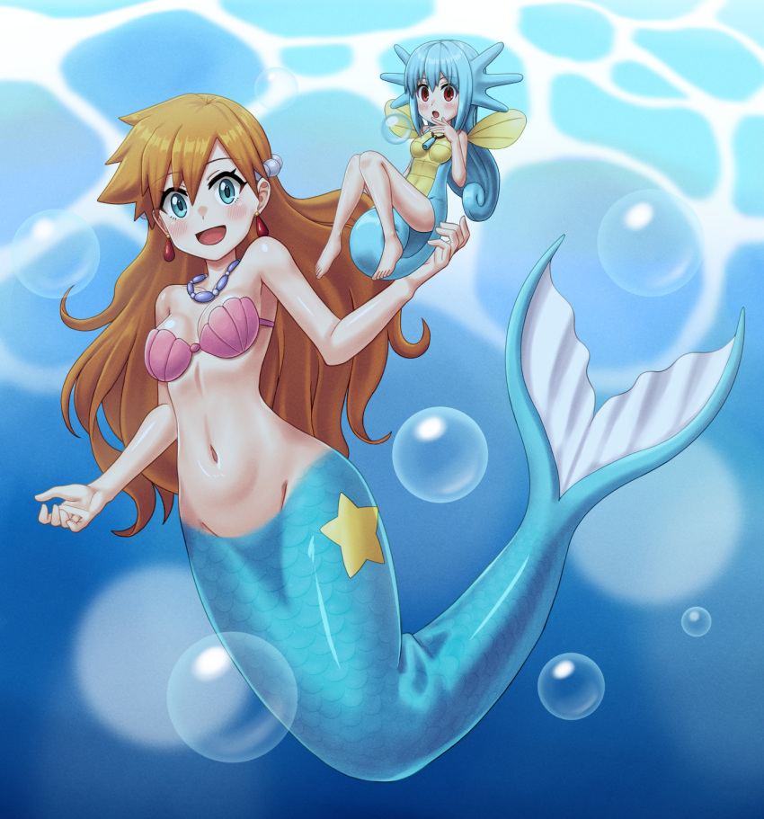 2girls :d air_bubble blonde_hair blush breasts bubble commentary_request earrings els_(ljhlee12) eyelashes green_eyes highres horsea jewelry korean_commentary long_hair looking_at_viewer mermaid mermaid_misty_(pokemon) midriff misty_(pokemon) monster_girl multiple_girls navel necklace open_mouth personification pokemon pokemon_(anime) pokemon_(classic_anime) shell shell_bikini smile underwater