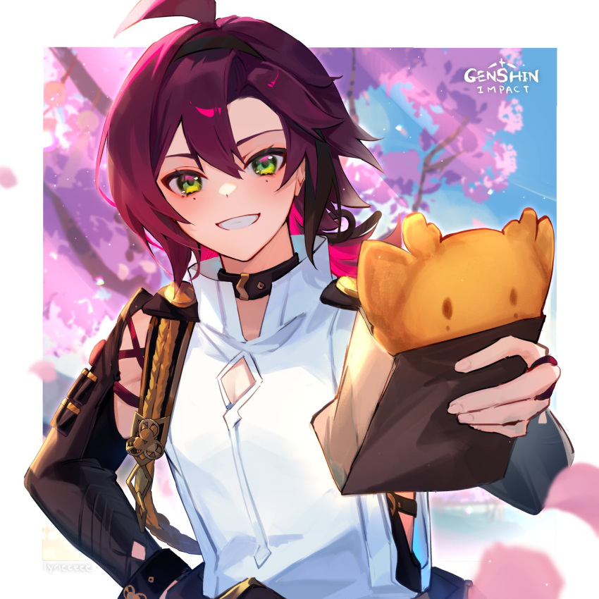1boy ahoge bare_shoulders black_choker black_hairband black_ribbon blue_sky border branch bun_(food) cherry_blossoms choker copyright_name day detached_sleeves english_commentary fingernails food genshin_impact green_eyes hair_between_eyes hair_ribbon hairband hand_on_own_hip hand_up highres holding holding_food long_sleeves looking_at_viewer low_ponytail lyrie_luna male_focus mandarin_collar mole mole_under_each_eye mole_under_eye multiple_moles outdoors outside_border petals ponytail purple_hair ribbon shikanoin_heizou shirt short_ponytail sky sleeveless sleeveless_shirt smile solo standing sunlight teeth tree white_border white_shirt