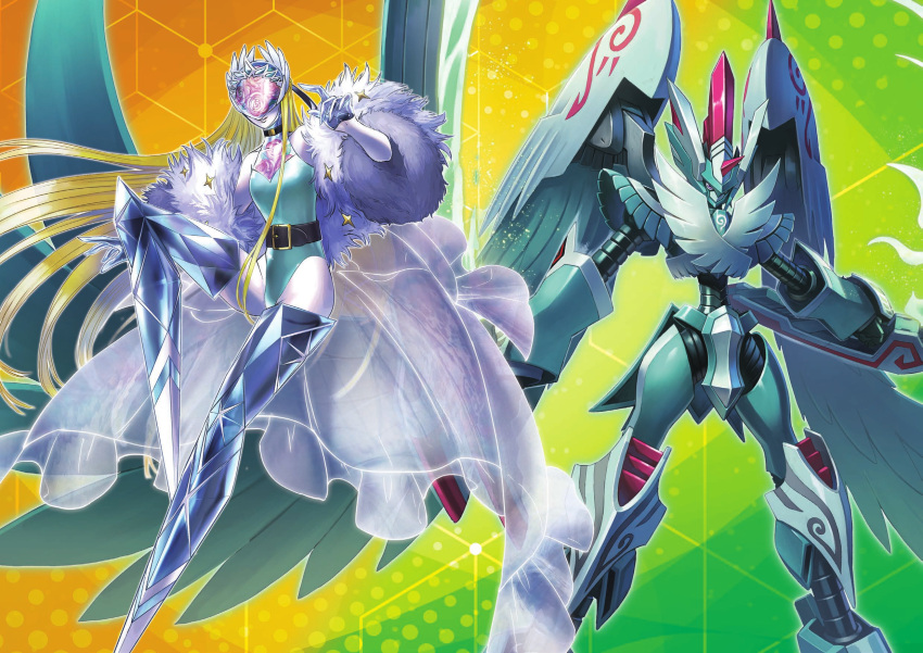 1boy 1girl aqua_leotard armor bare_shoulders bird blonde_hair boots breasts cendrillmon commentary_request covered_eyes digimon digimon_card_game digimon_liberator dual_wielding feathered_wings floral_print full_body gloves green_armor green_background half_gloves helmet helmet_over_eyes highleg highres holding holding_sword holding_weapon horns knight long_hair mechanical_wings multicolored_background nakano_haito off_shoulder official_art orange_background print_headwear print_leotard sasasi second-party_source single_horn small_breasts smile star_(symbol) sword thigh_boots weapon wings zephagamon