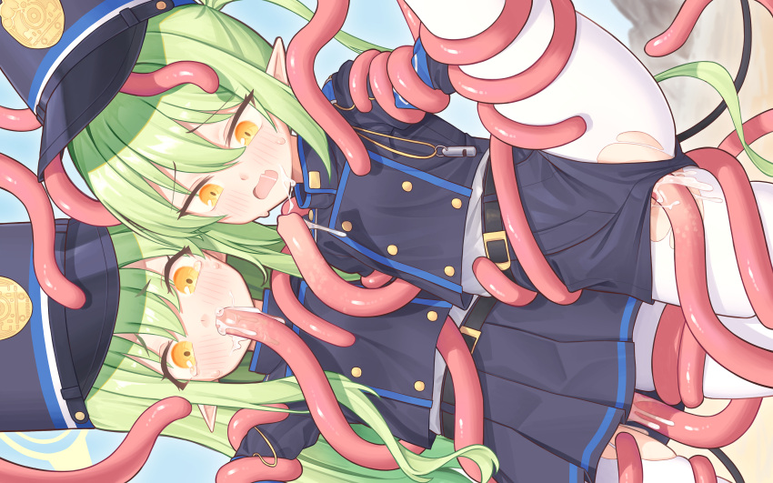 2girls absurdres armband black_hat black_tail blue_archive blue_armband blush breasts buttons clothed_sex cum cum_in_mouth cum_in_pussy cum_overflow demon_tail double-breasted gloves green_hair green_halo halo hat highres hikari_(blue_archive) leg_lift leg_up long_hair long_sleeves mouth_insertion multiple_girls nana_merou nozomi_(blue_archive) open_mouth oral pantyhose peaked_cap pointy_ears rape restrained shorts siblings sisters skirt small_breasts split spread_legs standing standing_on_one_leg standing_split tail tentacle_sex tentacles tentacles_under_clothes torn_clothes torn_pantyhose train_conductor twins twintails vaginal white_gloves white_pantyhose yellow_eyes