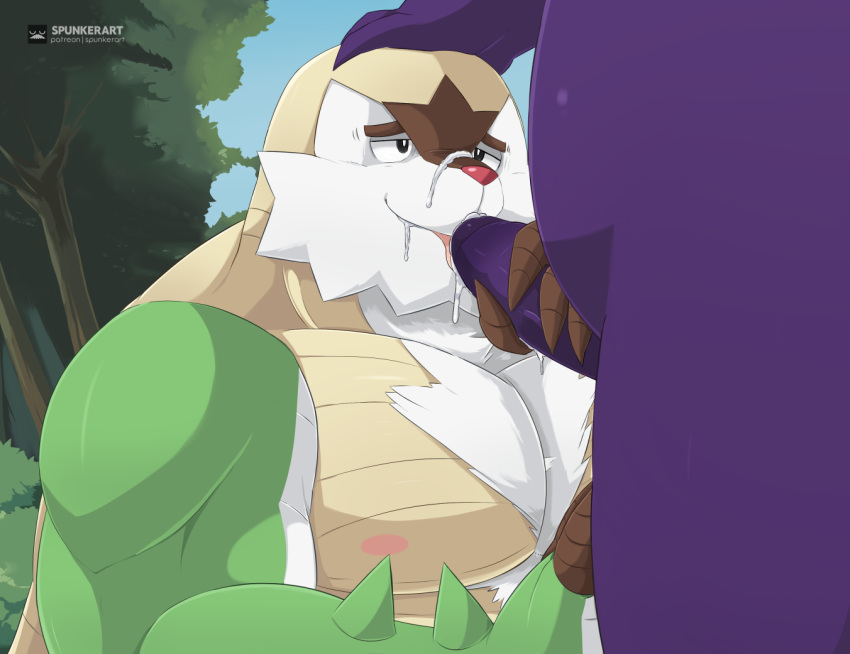 2024 anthro belly bodily_fluids body_hair chesnaught chest_hair chest_tuft cum cum_in_mouth cum_inside cum_on_face digital_drawing_(artwork) digital_media_(artwork) duo ejaculation erection fellatio fur generation_1_pokemon generation_6_pokemon gengar genital_fluids genitals hand_on_head hand_on_penis humanoid_genitalia humanoid_penis male male/male mammal muscular nintendo nipples nude oral outside_sex overweight overweight_male pecs penile penis pokemon pokemon_(species) purple_body sex smile spunkerart tongue tuft