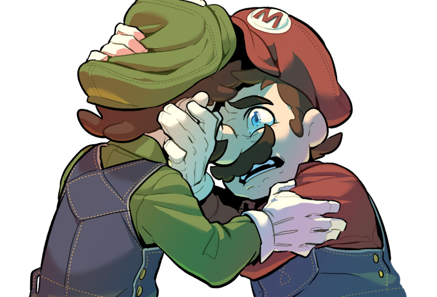 2boys blue_eyes blue_overalls brown_hair english_commentary facial_hair gloves green_hat green_shirt hat luigi mario mario_(series) multiple_boys mustache open_mouth overalls red_hat red_shirt redlhzz shirt short_hair tagme teeth the_super_mario_bros._movie white_gloves