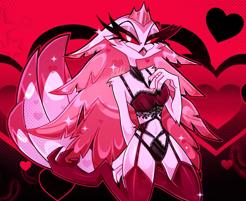 anthro arm_tuft avian beak_fetish bird bird_demon bra breasts cheek_tuft chest_tuft clothing demon facial_tuft female galliform garter_belt garter_straps hair heart_symbol helluva_boss hi_res legwear lingerie long_hair looking_at_viewer nutcollin panties peafowl peafowl_demon phasianid shoulder_tuft smile solo stella_(helluva_boss) stockings tail tuft underwear