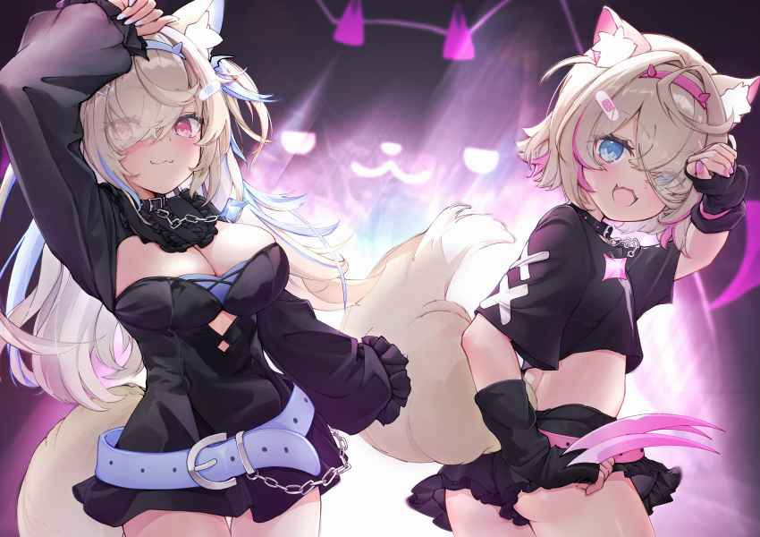 2girls alternate_color amakumo517 animal_ears ass bandaid bandaid_hair_ornament belt belt_collar black_collar black_dress black_shirt black_shorts blonde_hair blue_belt blue_eyes blue_hair blue_nails blush breasts claw_(weapon) cleavage closed_mouth collar dog_ears dog_girl dog_tail dress eyes_visible_through_hair fang fuwawa_abyssgard fuwawa_abyssgard_(1st_costume) hair_ornament hair_over_one_eye hairpin highres hololive hololive_english large_breasts long_hair looking_at_viewer medium_hair mococo_abyssgard mococo_abyssgard_(1st_costume) multicolored_hair multiple_girls nail_polish open_mouth perroccino_(fuwamoco) pink_belt pink_eyes pink_hair pink_nails shirt short_dress short_shorts shorts siblings sisters skin_fang small_breasts smile spiked_collar spikes streaked_hair tail twins virtual_youtuber weapon x_hair_ornament