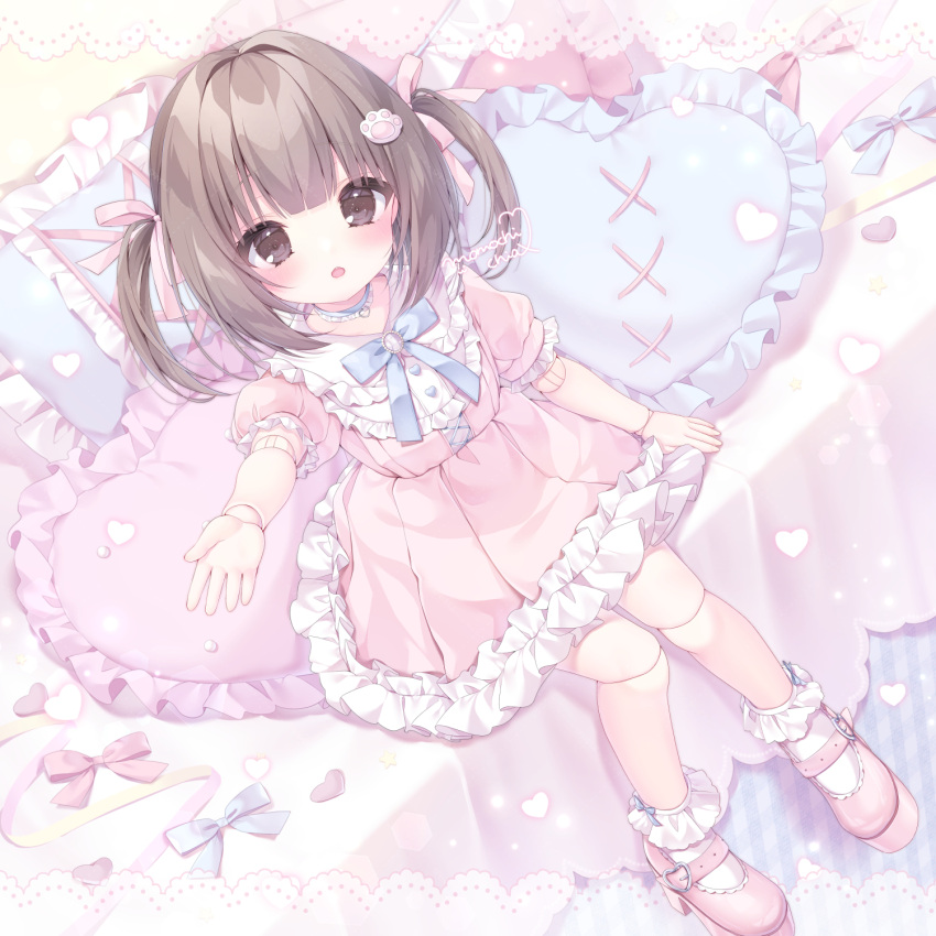 1girl brown_eyes brown_hair doll_joints dress from_above full_body hair_ribbon heart heart-shaped_pillow highres joints medium_hair momochi_chia open_mouth original paw_hair_ornament pillow pink_dress pink_footwear pink_ribbon ribbon sitting socks two_side_up white_socks