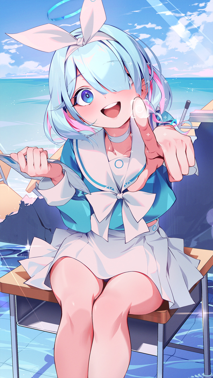 1girl :d arona_(blue_archive) blue_archive blue_eyes blue_hair blue_halo blue_serafuku blue_shirt blue_sky braid choker cloud collarbone colored_inner_hair commentary day hair_over_one_eye hairband halo highres holding holding_paper horizon kainown long_sleeves looking_at_viewer multicolored_hair open_mouth outdoors paper pink_hair sailor_collar school_uniform serafuku shirt single_braid sitting sitting_on_table skirt sky smile solo table teeth thighs two-tone_hair upper_teeth_only water white_choker white_hairband white_sailor_collar white_skirt