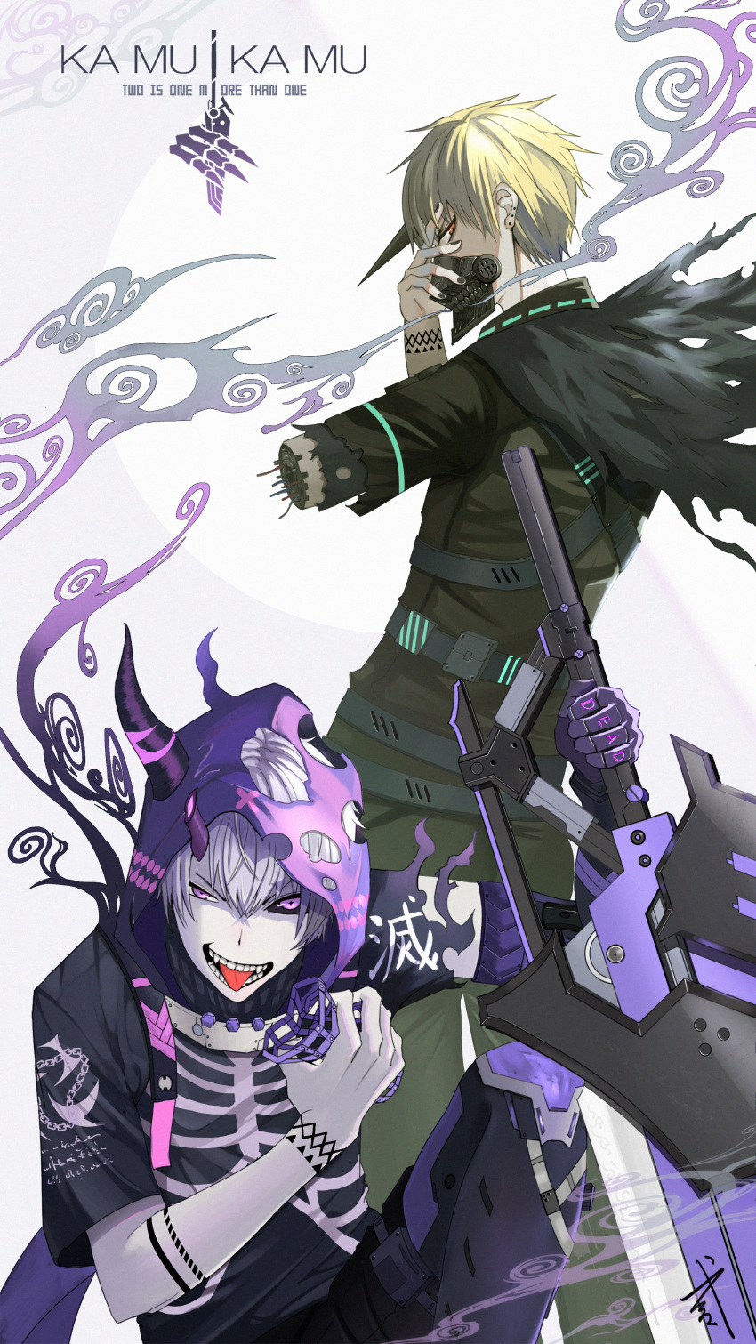 2boys absurdres amputee arm_tattoo black_cape black_horns black_sclera black_shirt blonde_hair camu_(punishing:_gray_raven) cape character_name colored_sclera er_du_mian grey_hair hair_between_eyes hand_on_own_face highres holding holding_weapon horns huge_weapon kamui_(punishing:_gray_raven) mask mismatched_sclera mouth_mask multiple_boys open_mouth punishing:_gray_raven purple_eyes purple_hood purple_horns red_eyes shirt short_hair short_sleeves single_horn tattoo tongue tongue_out weapon