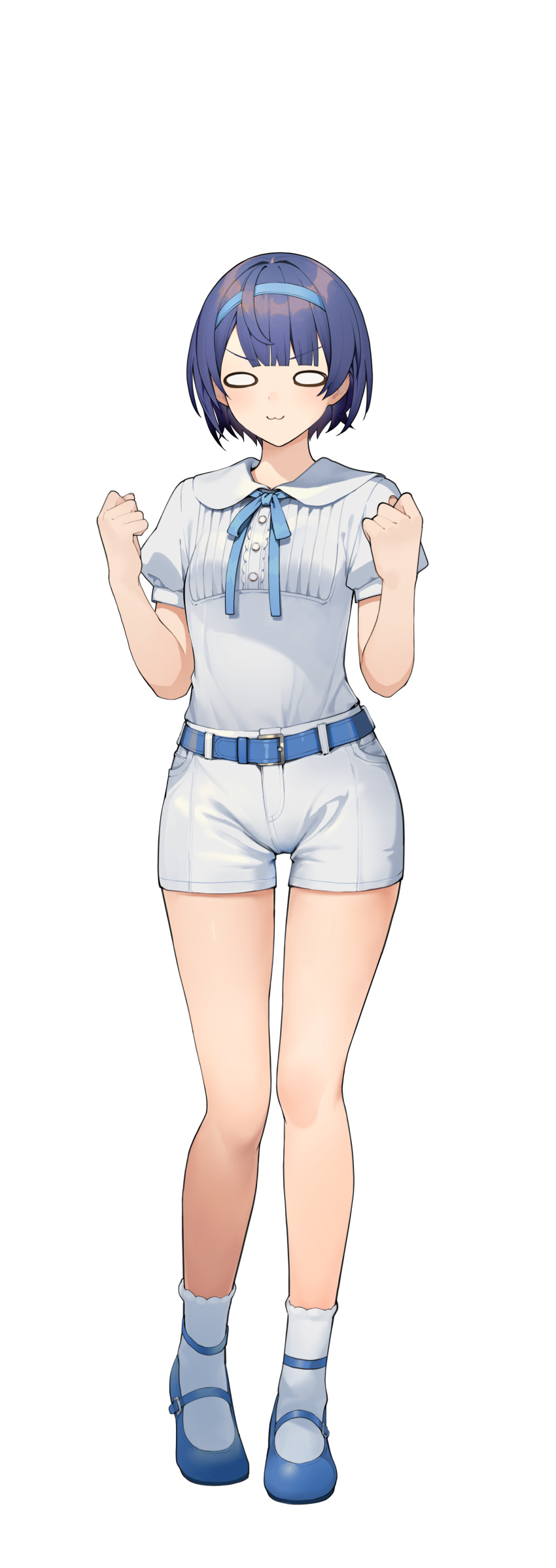 1girl :3 absurdres belt belt_buckle blank_eyes blue_belt blue_footwear blue_hair blue_hairband blue_ribbon blunt_bangs buckle cevio clenched_hands collared_shirt commentary_request dot_nose facing_viewer full_body hairband hands_up highres light_blush mary_janes neck_ribbon psd_available puffy_short_sleeves puffy_sleeves ribbon shirinda_fureiru shirt shirt_tucked_in shoes short_hair short_shorts short_sleeves shorts simple_background socks solo standing straight-on suzuki_tsudumi tachi-e transparent_background variant_set white_shorts white_socks wide_oval_eyes