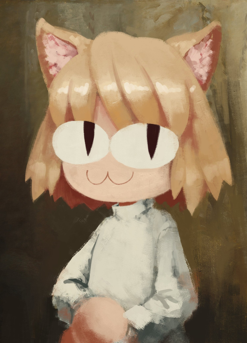 2021 :3 animal_humanoid big_eyes biped blonde_hair brown_background cat_humanoid cat_smile clothing colored digital_media_(artwork) digital_painting_(artwork) domestic_cat featureless_hands felid felid_humanoid feline feline_humanoid felis female glistening glistening_hair hair half-length_portrait hands_together hi_res highlights_(coloring) humanoid inner_ear_fluff light_body light_skin looking_at_viewer lunatic_yokai mammal mammal_humanoid neco-arc neco_spirit parody pink_inner_ear_fluff portrait shaded simple_background smile solo sweater topwear tsukihime tuft turtleneck type-moon white_clothing white_sweater white_topwear