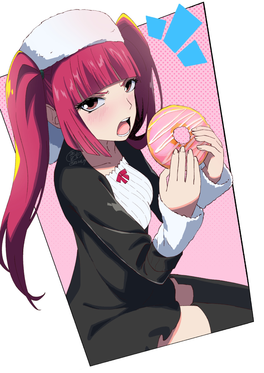 1girl annoyed black_dress black_thighhighs bleach blunt_bangs blunt_ends blush breasts brown_eyes collarbone commentary cowboy_shot dokugamine_riruka doughnut dress eyebrows_hidden_by_hair eyelashes food from_side hands_up hat highres holding_doughnut iku1224_19 long_hair looking_at_viewer notice_lines open_mouth pink_background polka_dot polka_dot_background red_hair short_dress signature simple_background sitting sleeves_past_wrists small_breasts solo straight_hair teeth thighhighs tsurime twintails twitter_username upturned_eyes v-shaped_eyebrows white_hat zettai_ryouiki