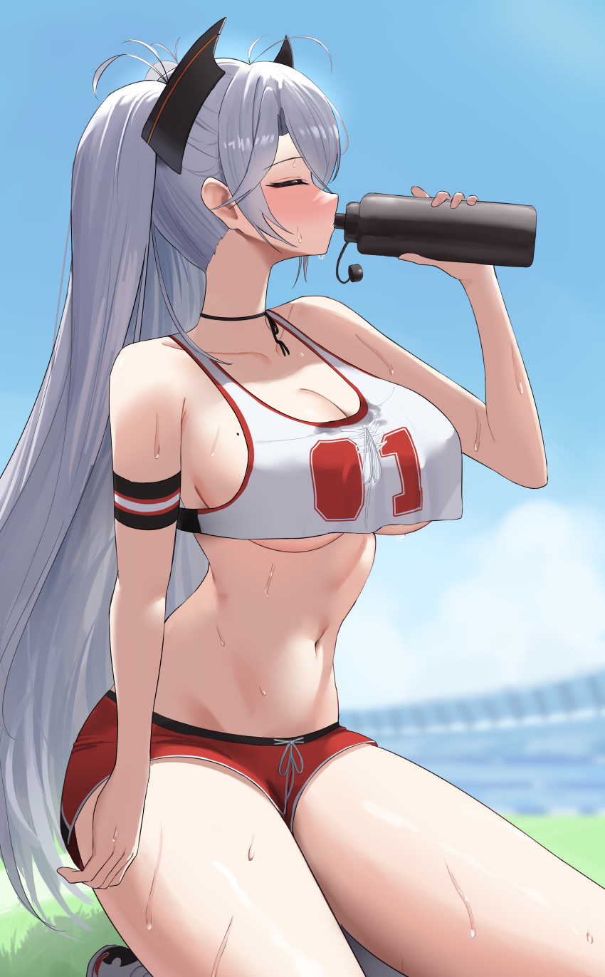 1girl absurdres antenna_hair arm_strap azur_lane bare_shoulders black_choker blue_sky bottle breasts choker cleavage cloud collarbone commentary crop_top crop_top_overhang day drinking grey_hair headgear highres holding holding_bottle kneeling large_breasts long_hair mole mole_on_breast multicolored_hair navel number_print official_alternate_costume outdoors parted_bangs prinz_eugen_(azur_lane) prinz_eugen_(brilliant_touchdown)_(azur_lane) red_hair red_shorts rk_(cc15915r) shirt short_shorts shorts sidelocks sky sleeveless sleeveless_shirt solo stadium stomach streaked_hair sweat swept_bangs two_side_up underboob very_long_hair water_bottle white_hair white_shirt