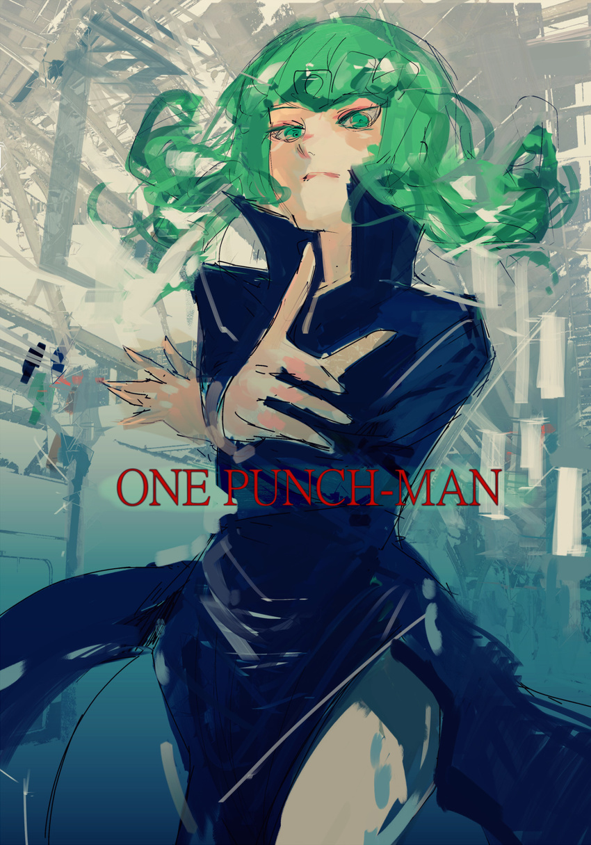 1girl black_dress copyright_name curly_hair dress highres ishida_sui long_hair long_sleeves one-punch_man onepunch_man solo tatsumaki