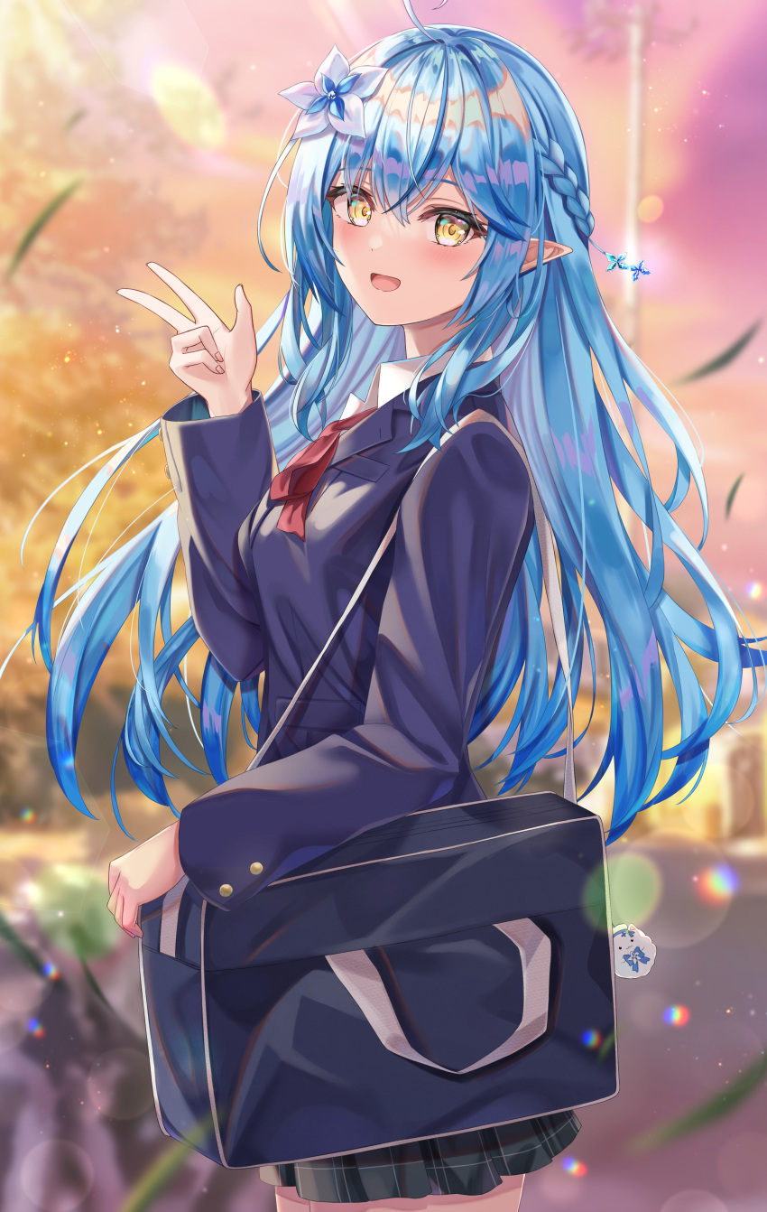 1girl :d absurdres ahoge alternate_costume autumn bag blazer blue_bag blue_hair blurry blurry_background braid breast_pocket collared_shirt colored_tips crossed_bangs dot_nose elbow_rest floating_hair flower from_side green_skirt hair_between_eyes hair_flower hair_intakes hair_ornament half_updo hand_up highres holding holding_bag hololive jacket lens_flare lens_flare_abuse light_blush light_particles long_hair looking_at_viewer matsumoto_yuu multicolored_hair neck_ribbon outdoors plaid plaid_skirt pleated_skirt pocket pointy_ears purple_jacket red_ribbon ribbon school_uniform shirt shoulder_bag sidelocks single_braid skirt smile standing sunset virtual_youtuber w white_shirt yellow_eyes yukihana_lamy