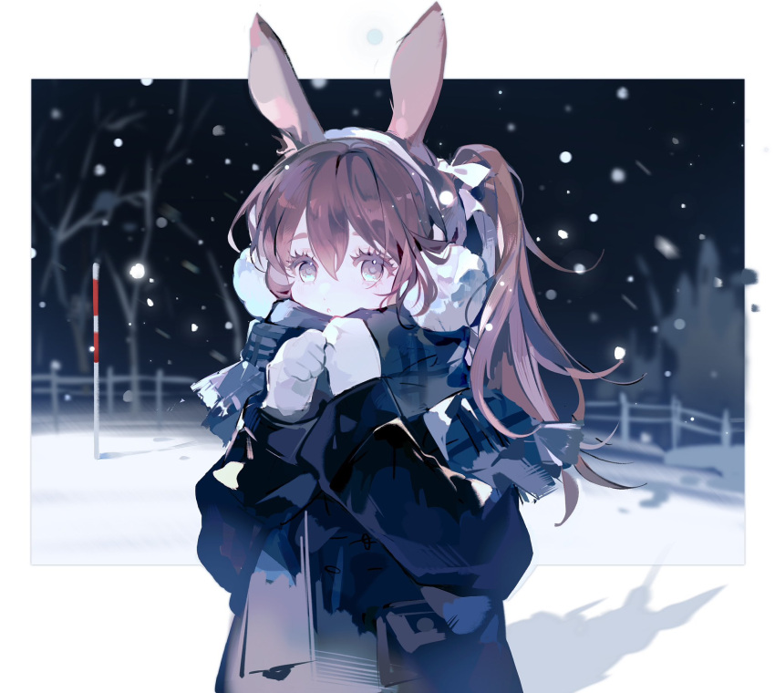 1girl alternate_costume amiya_(arknights) animal_ears arknights bare_tree blue_coat blue_scarf border brown_eyes brown_hair clenched_hands coat commentary earmuffs english_commentary eyelashes fence gloves hands_up highres long_hair looking_at_viewer nanaco_(nana11jellyfish) night outdoors parted_lips ponytail rabbit_ears scarf shadow snowing solo tree white_gloves winter winter_clothes