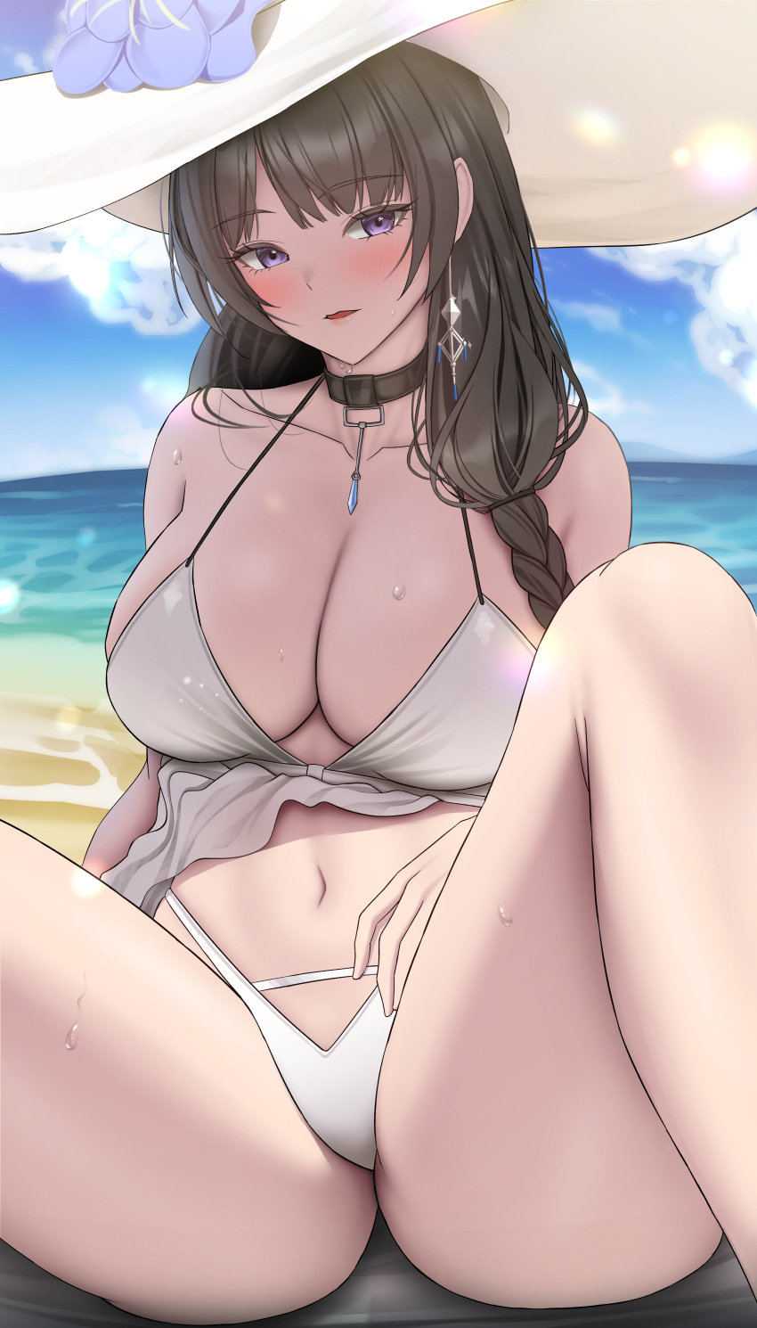 1girl absurdres beach bikini blue_flower blush braid braided_ponytail breasts brown_hair collarbone day doenji_(auto7233) earrings flower goddess_of_victory:_nikke hair_over_shoulder hat hat_flower highres jewelry large_breasts large_hat long_hair mary_(bay_goddess)_(nikke) mary_(nikke) ocean official_alternate_costume outdoors purple_eyes sand sitting solo spread_legs sun_hat sweat swimsuit swimsuit_cover-up thighs unusually_open_eyes water white_bikini