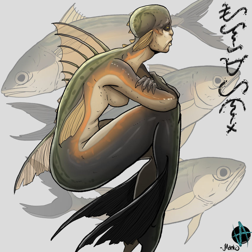 2023 5_claws 5_fingers absurd_res ambiguous_feral ambiguous_gender artist_logo artist_name back_markings barbel_(anatomy) baybayin_text biped black_text breasts cheek_fins claws colored countershade_arms countershade_face countershade_legs countershade_neck countershade_skin countershading crossed_arms digital_drawing_(artwork) digital_media_(artwork) dorsal_fin empty_eyes female female_focus female_humanoid feral fin finger_claws fingers fish glistening glistening_body glistening_skin green_body green_claws green_fins green_markings green_skin green_spines green_spots green_stripes grey_background group hi_res humanoid humanoid_focus indian_mackerel leg_fins logo mackerel_(fish) marine markings markoriginals mermay mermay_2023 nipples non-mammal_breasts non-mammal_nipples scombrid scombriform shaded side_view signature simple_background sitting solo_focus spots spotted_back stripes text translucent_fin white_body white_breasts white_countershading white_nipples white_text yellow_eyes yellow_fins