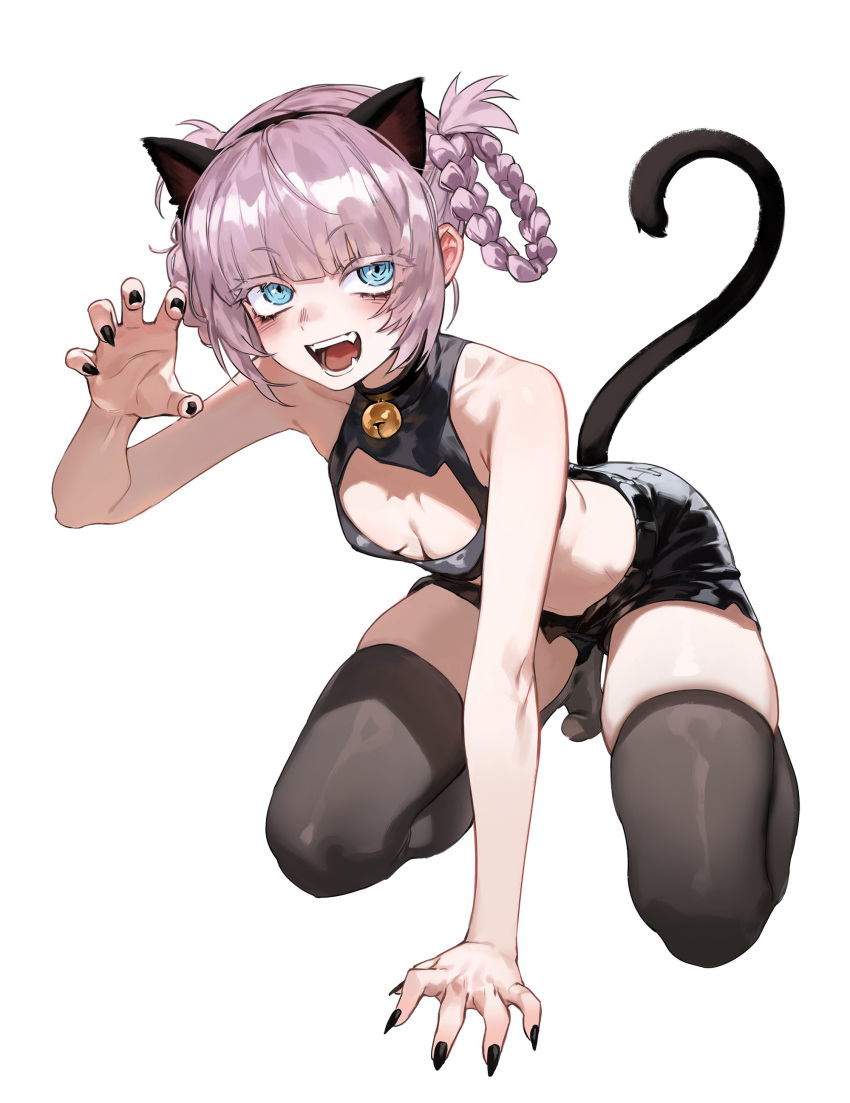 1girl absurdres animal_ears black_nails black_shorts black_thighhighs blue_eyes braided_hair_rings breasts cat_cutout cat_ears cat_tail cleavage_cutout clothing_cutout fake_animal_ears fake_tail fangs foolish_potato hair_rings highres nanakusa_nazuna_(yofukashi_no_uta) open_mouth paw_pose purple_hair ringed_eyes shorts simple_background small_breasts solo tail thighhighs white_background yofukashi_no_uta