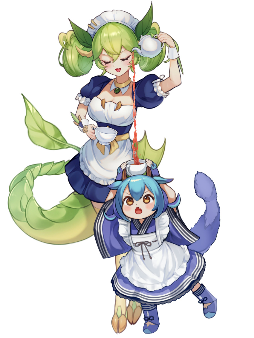 2girls :3 absurdres apron arms_up blue_dress blue_hair blue_tail blush breasts cleavage closed_eyes cup curly_hair dragon_girl dragon_horns dragon_tail dress duel_monster fang fingerless_gloves full_body gloves green_hair green_tail highres holding holding_cup holding_teapot horns large_breasts laundry_dragonmaid long_hair looking_up maid maid_headdress multiple_girls open_mouth parlor_dragonmaid senada37 simple_background tail teapot twintails white_background yu-gi-oh!