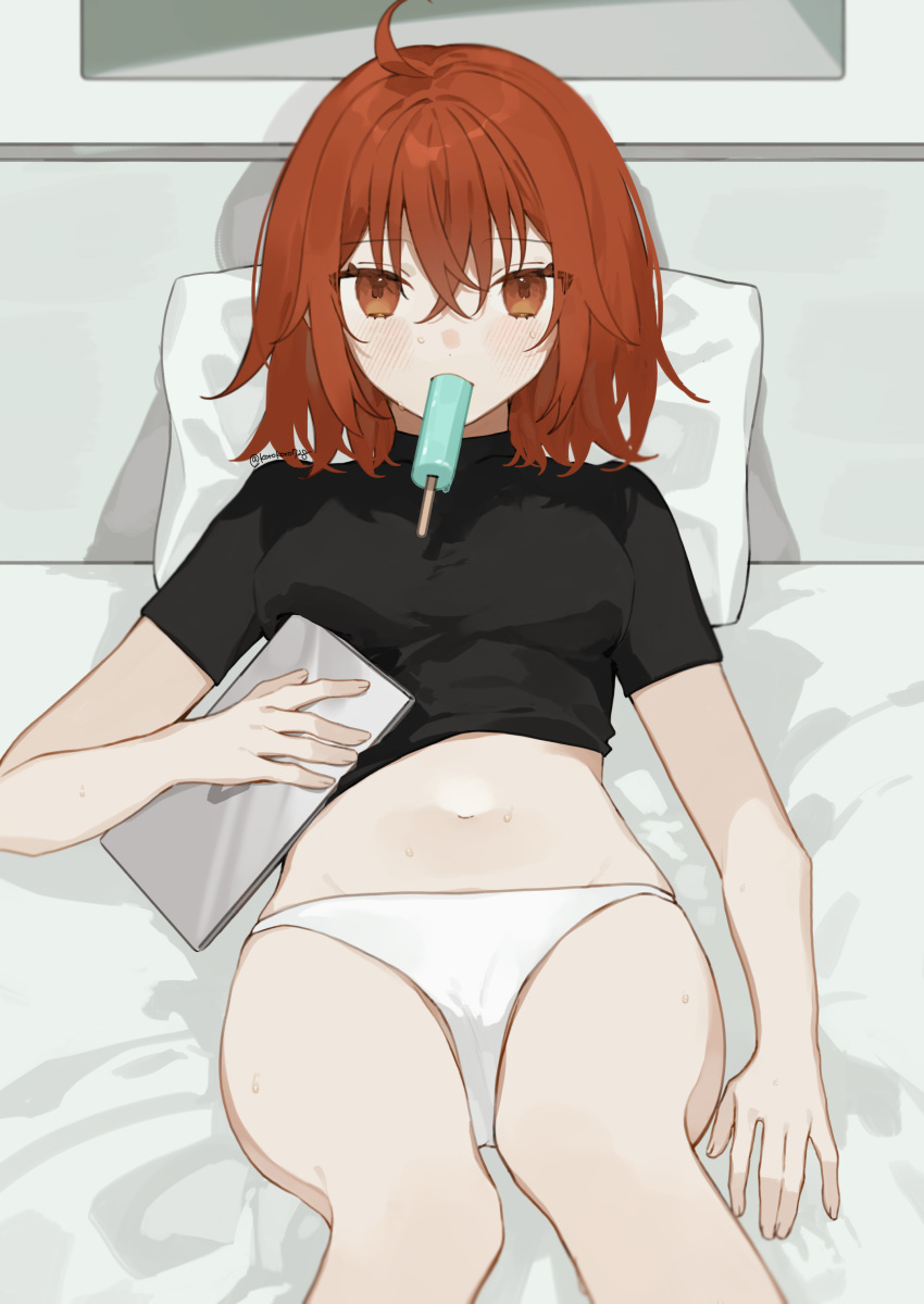 1girl absurdres ahoge bed black_shirt breasts fate/grand_order fate_(series) food food_in_mouth fujimaru_ritsuka_(female) highres lying medium_breasts medium_hair midriff navel no_pants on_back on_bed orange_eyes orange_hair panties popsicle popsicle_in_mouth romo827 shirt short_sleeves sweat underwear white_panties