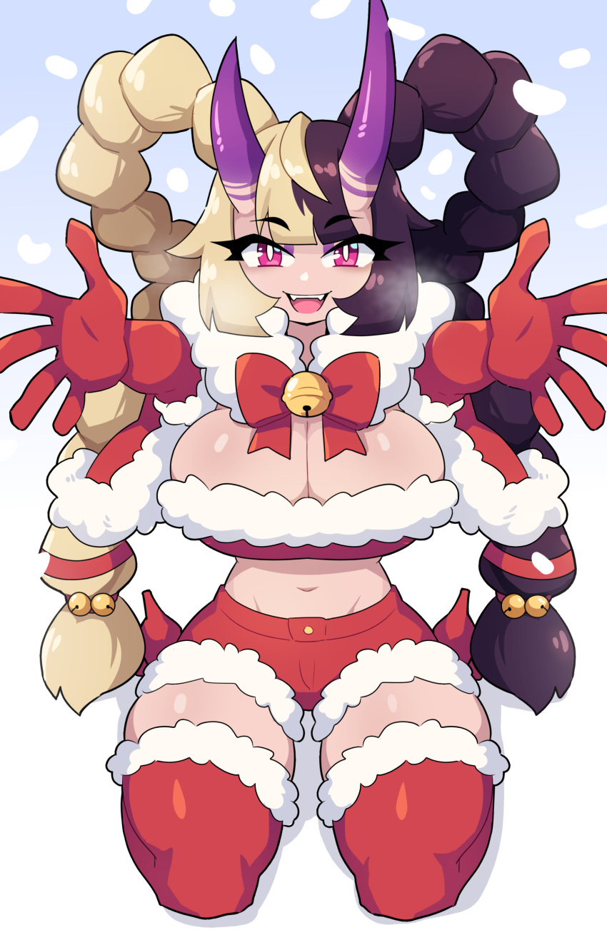 1girl absurdres black_hair blonde_hair blush breasts cleavage commission daigada elbow_gloves fangs gloves high_heels highres horns incoming_hug large_breasts long_hair looking_at_viewer multicolored_hair open_mouth original red_eyes red_footwear red_gloves red_shorts red_thighhighs santa_costume shorts smile solo teeth thighhighs upper_teeth_only