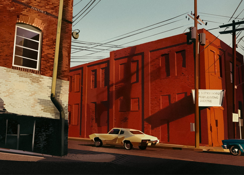 blue_sky brick_wall building car city clear_sky day drainpipe english_text film_grain highres joviano_costa motor_vehicle muscle_car no_humans original outdoors power_lines road scenery sidewalk sign sky still_life street sunlight utility_pole vehicle_focus window