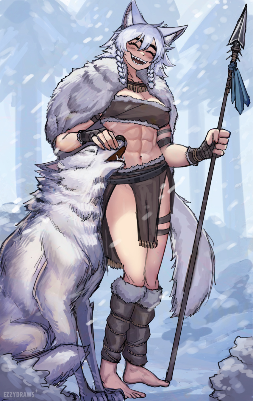 1girl abs animal_ears barefoot braid closed_eyes ezzydraws fingerless_gloves gloves hand_wraps highres holding holding_polearm holding_weapon loincloth muscular muscular_female original petting polearm sharp_teeth signature snowing solo spear tail teeth toned twin_braids weapon winter wolf wolf_ears wolf_girl wolf_tail