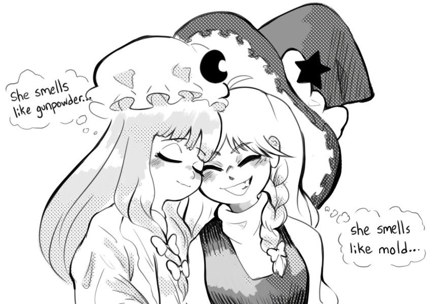 2girls blush bow braid clem_(calmeremerald) closed_eyes commentary english_text greyscale grin hair_bow hat heads_together high_collar kirisame_marisa mob_cap monochrome multiple_girls patchouli_knowledge side_braid smile touhou turtleneck upper_body witch_hat yuri