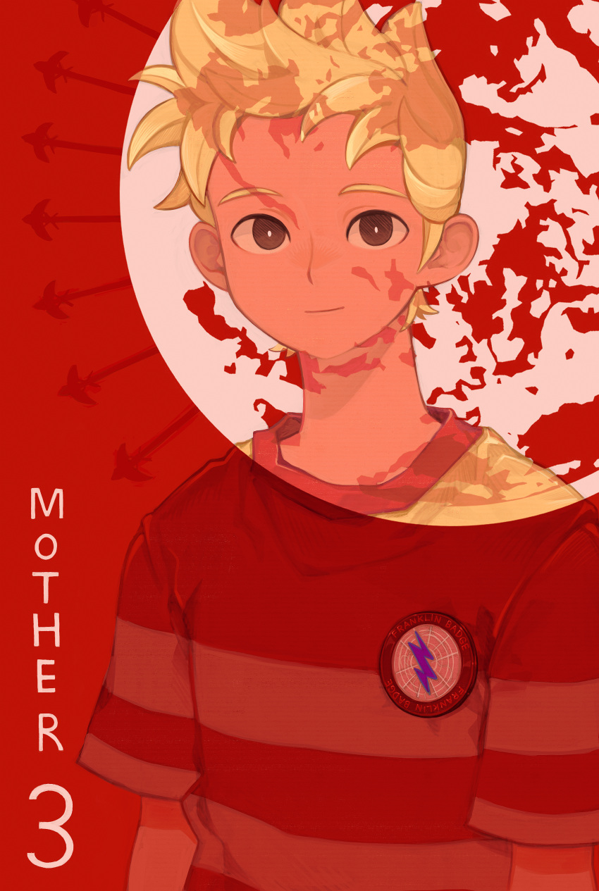 1boy 9twoeight absurdres blonde_hair brown_eyes closed_mouth copyright_name highres looking_at_viewer lucas_(mother_3) mother_(game) mother_3 short_hair short_sleeves solo upper_body