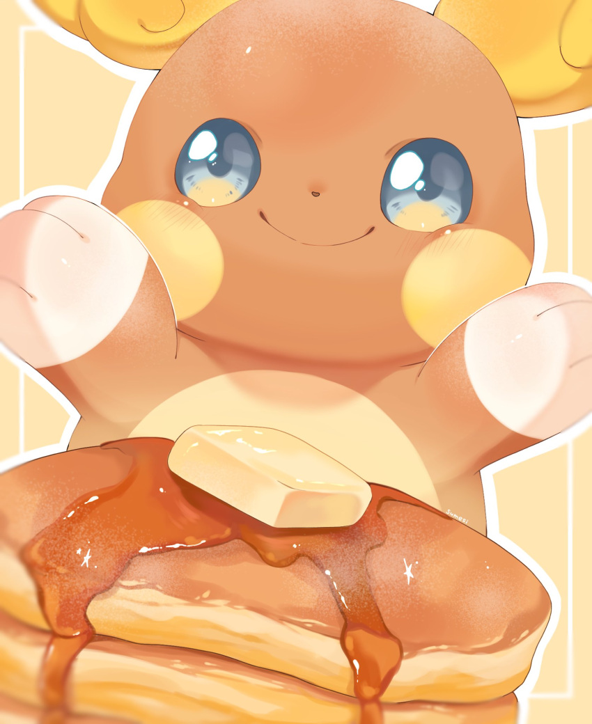 alolan_raichu arms_up blue_eyes butter closed_mouth commentary food highres inset_border iwasi_29 maple_syrup no_humans outside_border pancake pokemon pokemon_(creature) simple_background smile symbol-only_commentary yellow_background