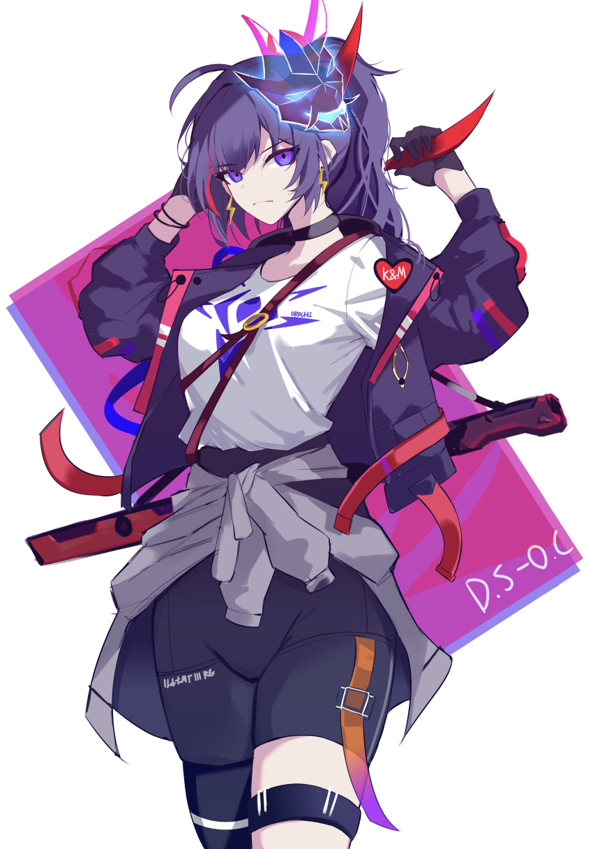 1girl absurdres ahoge black_choker black_gloves black_jacket black_pants breasts choker clothes_around_waist cowboy_shot earrings frown gloves grey_hoodie hand_in_own_hair hands_up high_ponytail highres holding_hair_tie honkai_(series) honkai_impact_3rd hood hoodie horns jacket jewelry lightning_bolt_earrings lightning_bolt_symbol looking_at_viewer mask medium_breasts multicolored_hair open_clothes open_jacket pants purple_eyes purple_hair raiden_mei red_horns shirt shirt_around_waist single_horn solo sparks_summer standing streaked_hair sword thigh_strap unworn_hoodie unworn_mask weapon white_background white_shirt