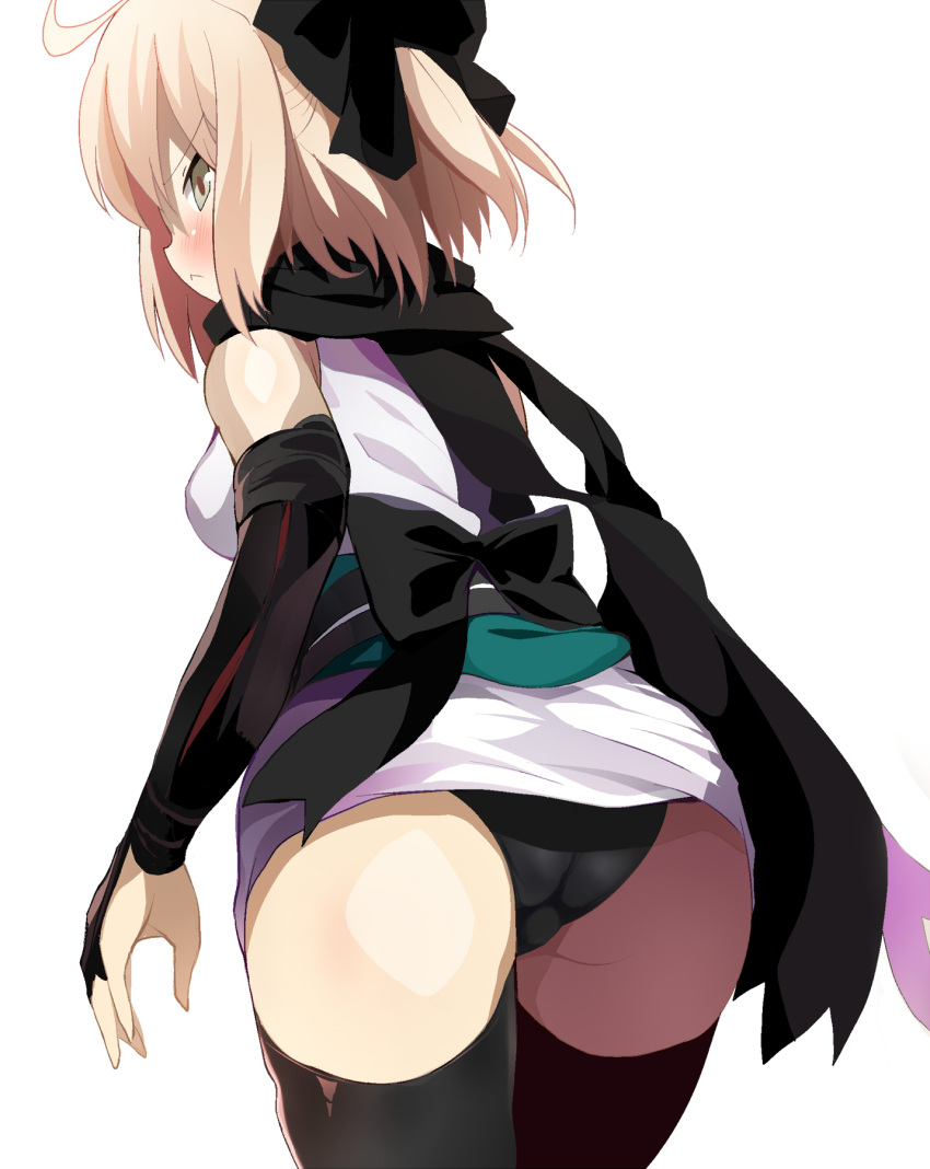 1girl ahoge arm_guards ass back black_bow black_panties black_thighhighs blonde_hair blush bow breasts detached_sleeves fate/grand_order fate_(series) hair_bow half_updo highres japanese_clothes kimono koha-ace large_breasts looking_at_viewer looking_back obi okita_souji_(fate) okita_souji_(koha-ace) panties sash shimejinameko short_hair short_kimono sleeveless sleeveless_kimono solo thighhighs thighs underwear white_kimono yellow_eyes