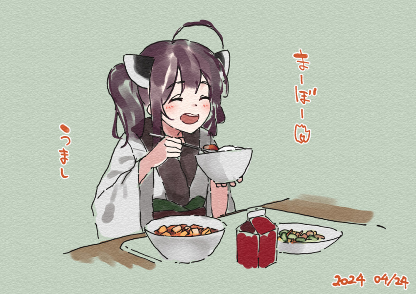 1girl :d ^_^ ahoge blush bowl brown_hair closed_eyes commentary_request dated facing_viewer food food_request green_background headgear holding holding_bowl holding_spoon japanese_clothes kimono lamb_(hitsujiniku) long_sleeves plate simple_background smile solo spoon table touhoku_kiritan translation_request twintails upper_body voiceroid white_kimono wide_sleeves